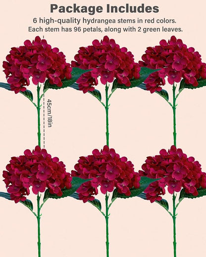 6PCS Premium Red Hydrangea Artificial Flowers Bouquets, Red Silk Hydrangea Flowers Heads with Stems, Fake Hydrangeas Flowers Arrangement, Faux Hydrangea Decor for Home Wedding Party Baby Shower