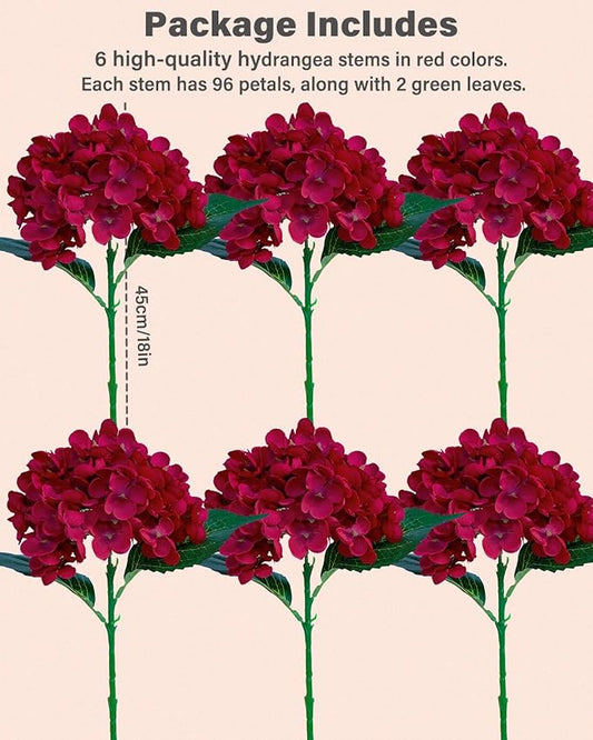 6PCS Premium Red Hydrangea Artificial Flowers Bouquets, Red Silk Hydrangea Flowers Heads with Stems, Fake Hydrangeas Flowers Arrangement, Faux Hydrangea Decor for Home Wedding Party Baby Shower