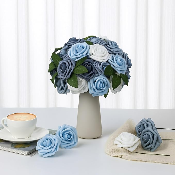 100 Pcs Artificial Foam Rose Faux Bouquet with Leaves and Stems for DIY Wedding Bouquets Centerpieces Bridal Shower Party Valentine Home Decorations (Blue and White Gradient)