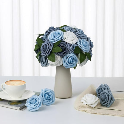 100 Pcs Artificial Foam Rose Faux Bouquet with Leaves and Stems for DIY Wedding Bouquets Centerpieces Bridal Shower Party Valentine Home Decorations (Blue and White Gradient)