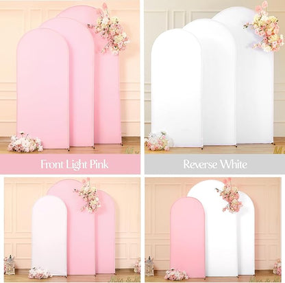 White and Pink Arch Backdrop Cover 6FT 5FT 4FT Arch Covers Stretchy Backdrop Set of 3, Wedding Arch Cover Spandex Fitted Double-Color Fabric Arch Covers for Party Baby Shower Birthday Decoration