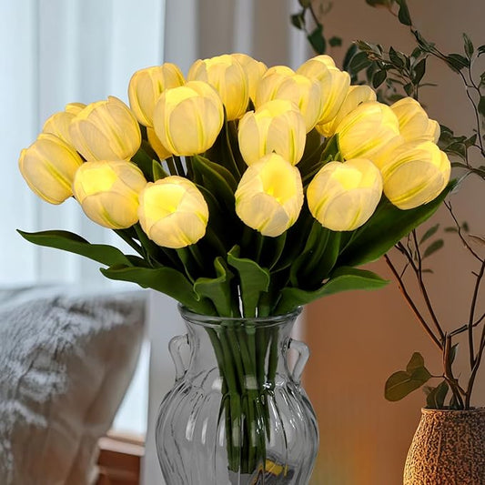 LED Lighted Artificial Tulips, Tulip Lamp, Real Touch Tulip Flowers, 15 Inch Faux Tulip Bouquet with Battery Operated Lights for Gifts, Home Kitchedn Wedding Decor (White)