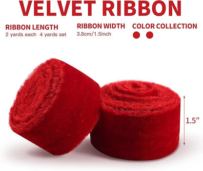 Velvet Ribbon for Gift Wrapping Red Handmade Fringe Ribbons for Crafts Bouquet Christmas Decorations 2 Rolls 1 1/2 Inch x 2 Yd (4 Yards Total)