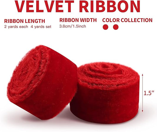 Velvet Ribbon for Gift Wrapping Red Handmade Fringe Ribbons for Crafts Bouquet Christmas Decorations 2 Rolls 1 1/2 Inch x 2 Yd (4 Yards Total)