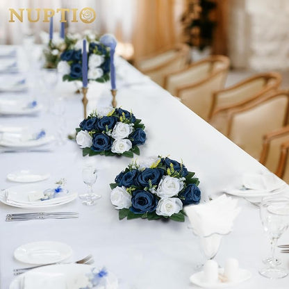 NUPTIO Artificial Flower Centrepieces for Tables - 10 Pcs Navy Blue & White Fake Flowers Roses Balls 9.5in Diameter - Silk Faux Rose Arrangement for Wedding Party Centerpiece Table Decorations