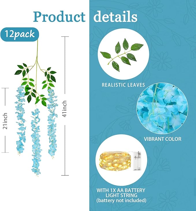 12 Pack Lake Blue Wisteria Hanging Flowers Garland with Lights, 3.44 Feet Artificial Flower Vines, Fake Wisteria, Artificial Vines Hanging Garland for Backdrop Outdoor Patio Garden Decor