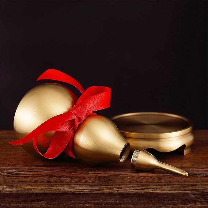 Feng Shui Wu Lou Brass Golden Gourd with Holder and Red Luck Strip for Home Decor Furnishing,Full Brass,Statue Charm Amulet,Bring You Good Luck,Healthy,Success