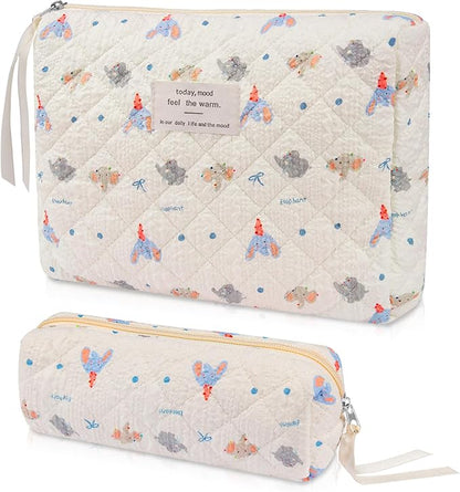 2PC Makeup Bag Set, Cute Cosmetic Bag for Women Girls, Floral Coquette Aesthetic Toiletry Bag, Travel Make Up Organizer Bag (Elephant)
