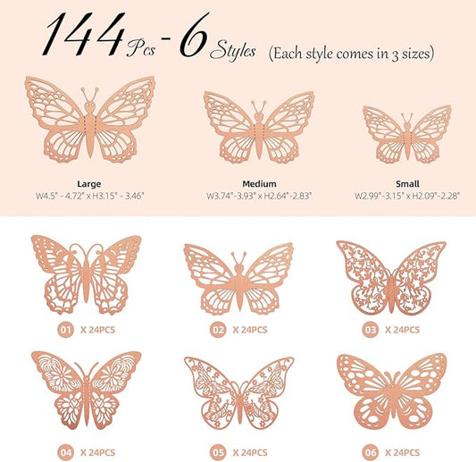 144 Pcs Rose Gold Butterfly Stickers 3D Butterflies Wall Decals Glitter 6 Styles and 3 Sizes Decorative Wall Stickers Butterfly Party Decorations, Butterflies for Cake Decorating
