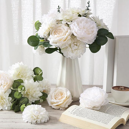 98 Pcs Assorted Faux Flowers Heads with Stem Eucalyptus Leaves Silk Artificial Flowers Bouquet Floral Table Centerpieces for DIY Wedding Party Wreath Home Decoration (White,Classic Style)