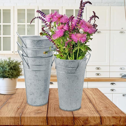 5 Packs 7.87 Inch Tall, Galvanized Metal Vases with Handles, Rustic Tall Flower Buckets for Cut Flowers, Country Wedding, Table Centerpiece Decorations, Vintage Style Flower Containers