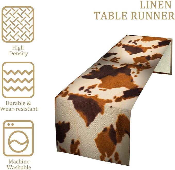 Cow Print Table Runner, Brown Cowhide Print Western Style Table Runner Country Farmhouse Cottage Cow Patten Table Decoration for Home Kitchen Dining, 13x108 Inch