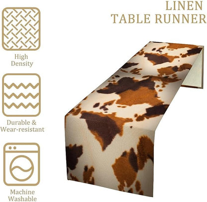 Cow Print Table Runner, Brown Cowhide Print Western Style Table Runner Country Farmhouse Cottage Cow Patten Table Decoration for Home Kitchen Dining, 13x120 Inch