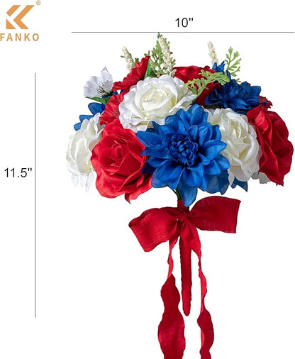 FANKO Artificial Flower Memorial Day Flowers, Mixed Red Blue White Silk Flowers Bouquet Fake Rose Blue Dahlia for Veterans Day Independence Day Grave Patriotic Decor