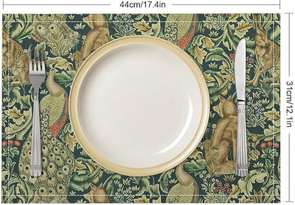 William Morris Floral Animal Placemats Set of 6, Vintage Botanical Plant Birds Rabbit Place Mats, Heat Resistant Non Slip Cotton Linen Dining Table Mats for Home Kitchen Party 18x12 Inch