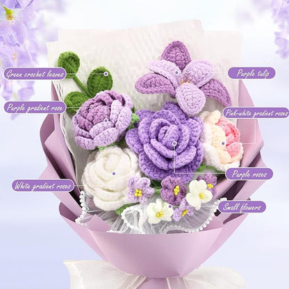 Crochet Flowers,Finished Bouquet Crocheted Cotton Thread Flowers, Handmade Crochet Rose Tulip Fern Leaf as a Gift for Lover, Friends. Artificial Flower (Purple)