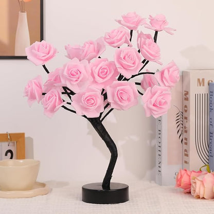 Drawelry Rose Flower Tree Lamp - LED Rose Tree Table Lamp USB/Battery Powered Artificial Bonsai Flower Night Light for Bedroom Living Room Party Wedding Birthday Decor (Pink)