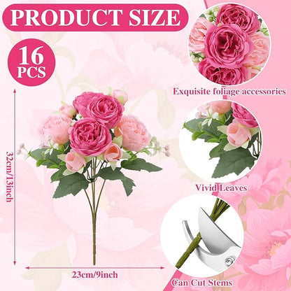 16 Pack Pink,Hot Pink Peonies Artificial Flowers,Fake Silk Hydrangea Bouquet for Bridal Wedding Home Table Decor Reusable Dining Opening Ceremony Birthday Arrangement Faux Floral