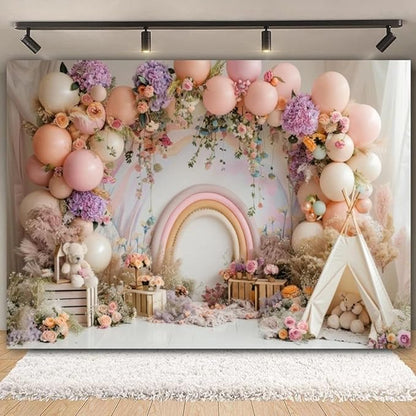 Newborn Baby 1st Birthday Photography Backdrop - Balloons Tent Flower Decor Background for Kids Birthday Party Baby Shower Portrait Cake Smash Props (6x4ft)