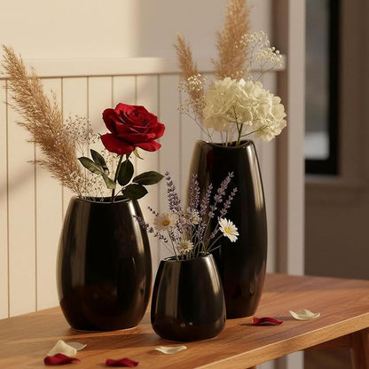 hjn Ceramic Vase Set of 3 Black Flower Vase for Home Decor, Modern Decorative Vase for Flowers/Ideal Shelf Decor/Table/Living Room/Kitchen/Office-Black