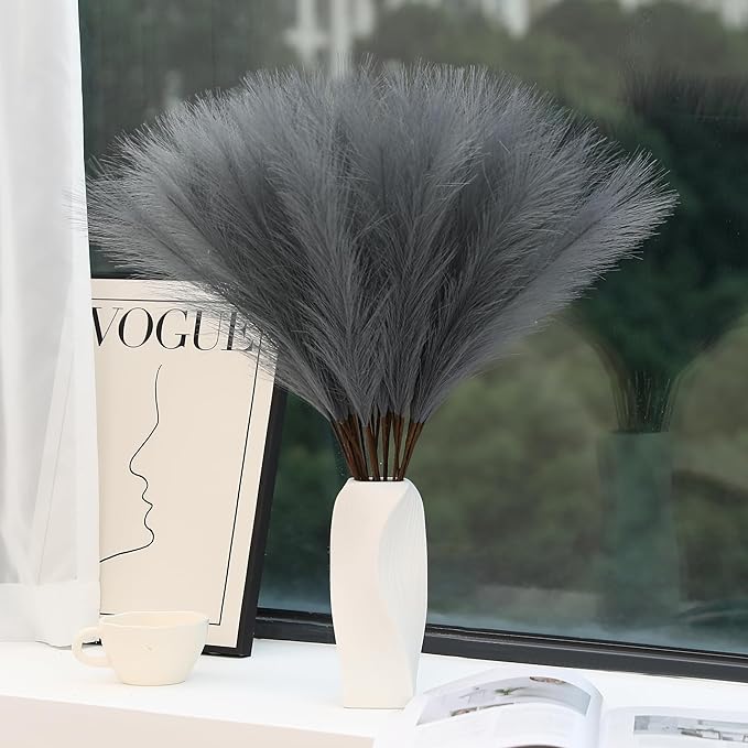 60pcs Grey Pampas Grass Decor - 24 Inch Long Faux Pampas Grass Decor, Artificial Pampas Feather for Vase Filler, Wedding, Party, Office and Home Decor (Grey)