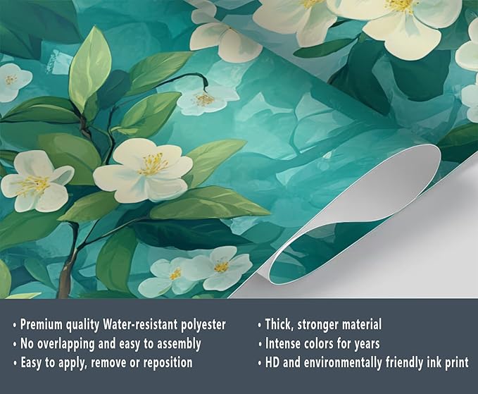 Jasmine Blossom Wall Mural, Elegant Floral Landscape 3D Wall Murals, Nature Turquoise Botanical Wallpaper Mural, for Living Room Bedroom Large Wallpaper Indoor Decor 197" W x124.8 H
