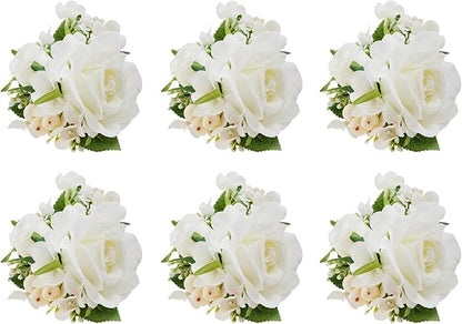 Meldel Pocket Boutonniere for Men, Set of 6, Groom Groomsman Boutonnieres for Wedding Prom Suit Accessories, Artificial White Rose Corsage for Party Ceremony Anniversary Graduation Flowers
