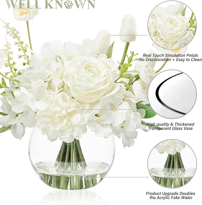 WELL KNOWN Artificial Flowers for Table Decoration Silk Hydrangea Flowers with Vase Fake Flower Arrangements in Round Bowl Vase with Faux Water for Summer Spring (White)