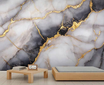 Golden Veins Marble Wall Mural, Black and White Marble 3D Wall Murals, Luxury Stone Wallpaper Mural, for Living Room Bedroom Large Wallpaper Indoor Decor 59" W x39.4 H