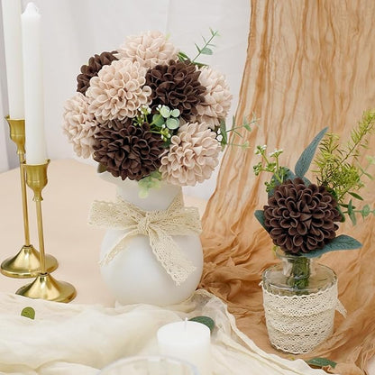 Artificial Flowers, 50pcs Artificial Rose for DIY Bouquets Arrangement, Brown and Tan Dahlia Flowers Foam Fake with Stems for Wedding Shower Party Floral Arrangements Tables Home Decorations