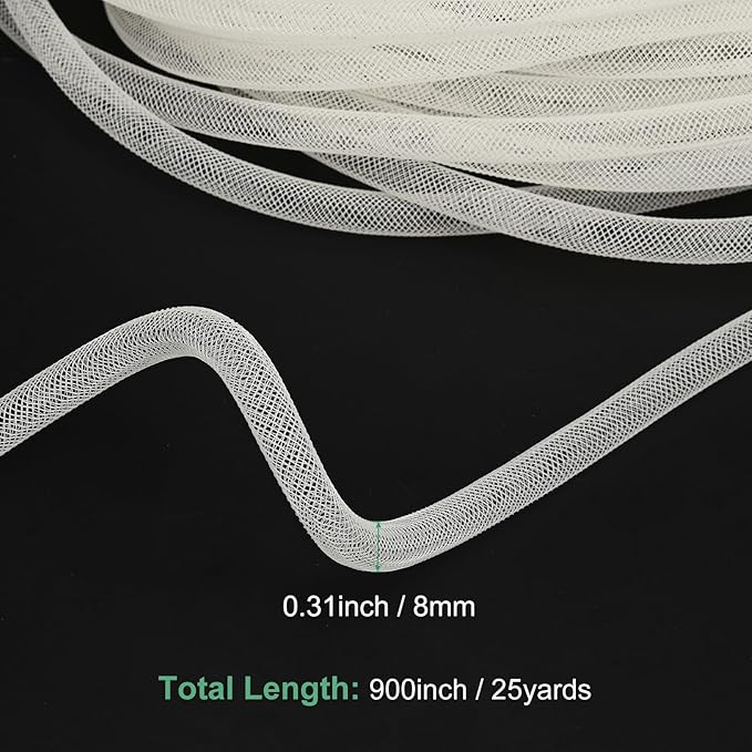 Mesh Tube Ribbon 25 Yards, 8mm Elastic Fabric Ribbons Mesh Tubing for Crafts/Gift Wrapping/Flower Bouquets/Wedding/Birthday/Holiday/Wreaths Christmas/Decoration[Natural White]