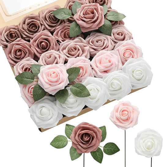 DerBlue 60pcs Artificial Roses Flowers Real Looking Fake Roses Artificial Foam Roses Decoration DIY for Wedding,Arrangements Party Home Decorations (Shades of Dusty, 60pcs Regular 3")