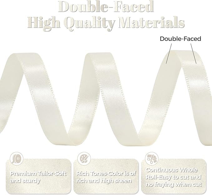 Antique White Satin Ribbon, Double Faced 3/8 Inch X 25 Yards Antique White Ribbon, Premium Satin Ribbon for Gift Wrapping, Crafts, Hair Bow Making, Sewing, Flower Bouquet, Wedding Party Decor
