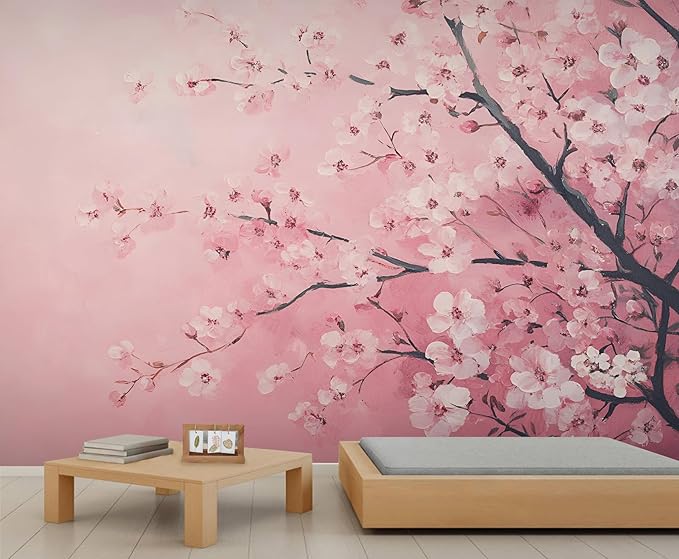 Pink Cherry Blossom Wall Mural, Romantic Cherry Blossom 3D Wall Murals, Japanese Flower Wallpaper Mural, for Living Room Bedroom Large Wallpaper Indoor Decor 78.7" W x55.1 H
