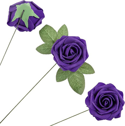 Artificial Flower Foam Rose 25pcs Real Looking Fake Rose with Stems Leaves for Home Decoration Party Garden Centerpieces DIY Wedding Bouquets（Purple）