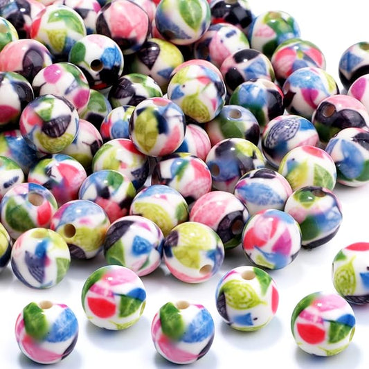 100 PCS 10mm Resin Beads Bulk for Bracelet Making Kit, Green Leaves Printed Round Loose Beads for Jewelry Earring Necklace Rings Art Craft DIY Projects