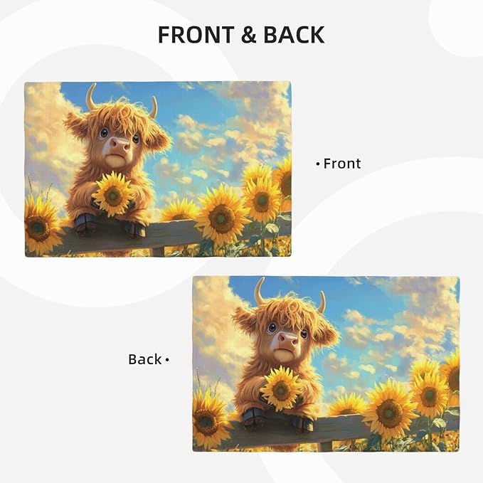 Cute Highland Cow Placemats Set of 4 Washable Table Mats Summer Yellow Sunflower Heat-Resistant Cotton Linen Place Mats for Dining Table Kitchen Indoor Outdoor Party Holiday Decor