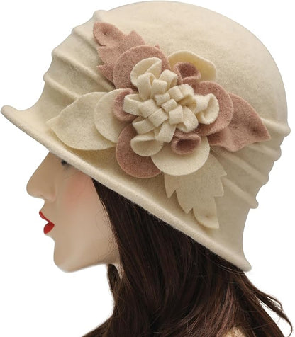 ZLYC Women Wool Cloche Bucket Hat 1920s Vintage Dress Winter Hats with Flower Accent