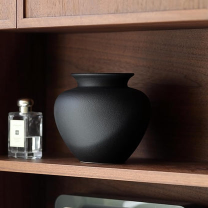Black Ceramic Flower Vase, Decorative Jar Modern Centerpiece Table Decorations,Rustic Ceramic vases for Home Decor Dining Room,Wide Mouth Ceramic vase for Kitchen Utensils (Black, 0619)