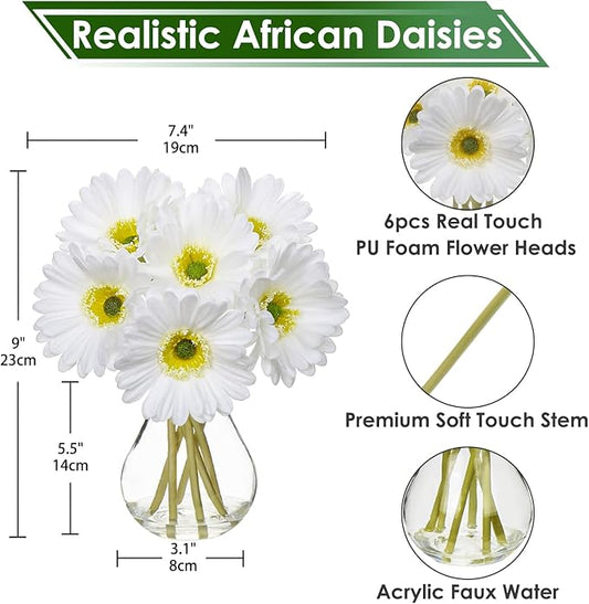 Briful Gerbera Daisy Artificial Flowers, Fake Daisy Flowers in Glass Vase with Faux Water,Real Touch Silk Faux Flowers with Stems for Home Bookshelf Tabletop Bathroom Decorations,White