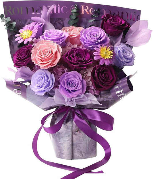 Flowers for Delivery Birthday Flowers Gift for Her,Preserved Flowers Bouquet 12 Roses Mixed Bouquet,Rose Gifts for Women Mom Grandma(Mixed 12 Lilac Roses)