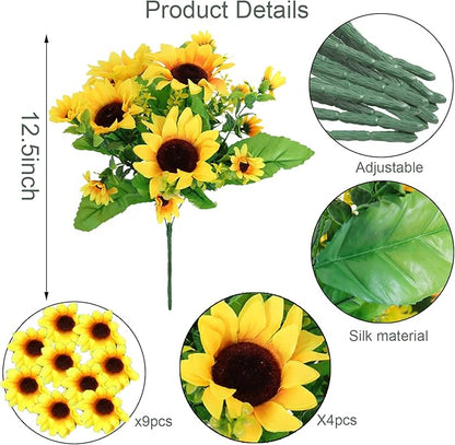 ZEYGLXC 12 Pack Artificial Sunflowers Bouquets with Stems for Wedding Home Kitchen Table Birthday Decor Indoor Outdoor, Faux Sunflowers with 4 Big Sunflowers Heads 9 Small Sunflowers Heads