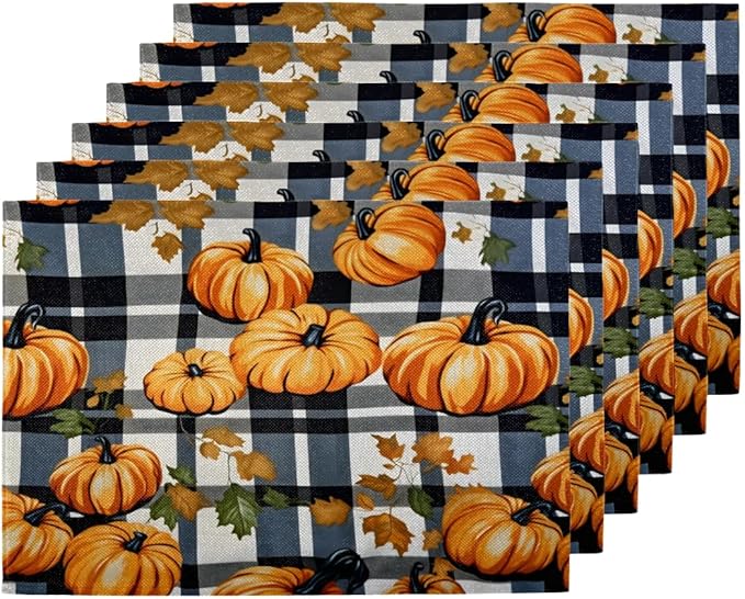 Halloween Pumpkin Placemats, Place Mats Set of 4, Heat Resistant Place Mats, Washable Table Mats for Dining Table, Non-Slip Stain Resistant Kitchen Table Placemats, Black Buffalo Plaid