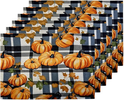Halloween Pumpkin Placemats, Place Mats Set of 4, Heat Resistant Place Mats, Washable Table Mats for Dining Table, Non-Slip Stain Resistant Kitchen Table Placemats, Black Buffalo Plaid