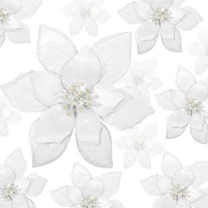 WILLBOND 24 Pcs 3 Size Poinsettia Flower Artificial Christmas Decor Glitter Poinsettia Christmas Ornaments Faux Flowers for Xmas Tree Outdoor(4/6/7.9 Inches,White)