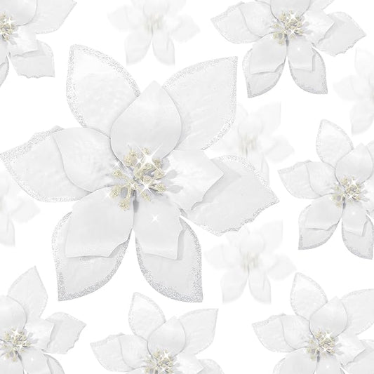 WILLBOND 24 Pcs 3 Size Poinsettia Flower Artificial Christmas Decor Glitter Poinsettia Christmas Ornaments Faux Flowers for Xmas Tree Outdoor(4/6/7.9 Inches,White)