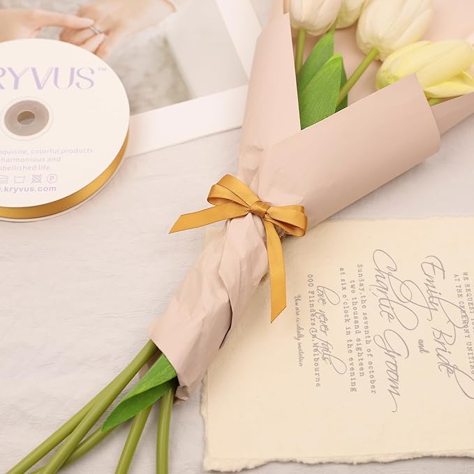 Old Gold Satin Ribbon, Double Faced 3/8 Inch X 50 Yards Old Gold Ribbon, Premium Satin Ribbon for Gift Wrapping, Crafts, Hair Bow Making, Sewing, Flower Bouquet, Wedding Party Decor