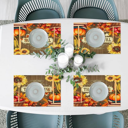 Thanksgiving Holiday Pumpkins Fall Placemats Set of 6 PVC Vinyl Non Slip Table Mats Heat Resistant Place Mats Washable Wipeable Dining Table Mat for Kitchen Decor Party Indoor Outdoor Decorative Gift