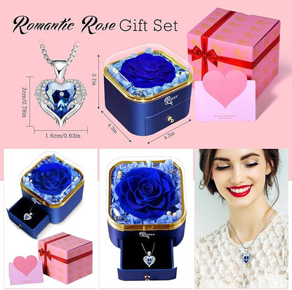 Christmas Birthday Gifts for Women,Preserved Blue Rose with I Love You Necklace,Preserved Flowers Gifts for Mom Girlfriend Women Wife Gifts Idea on Birthday Anniversary Christmas Valentines Day