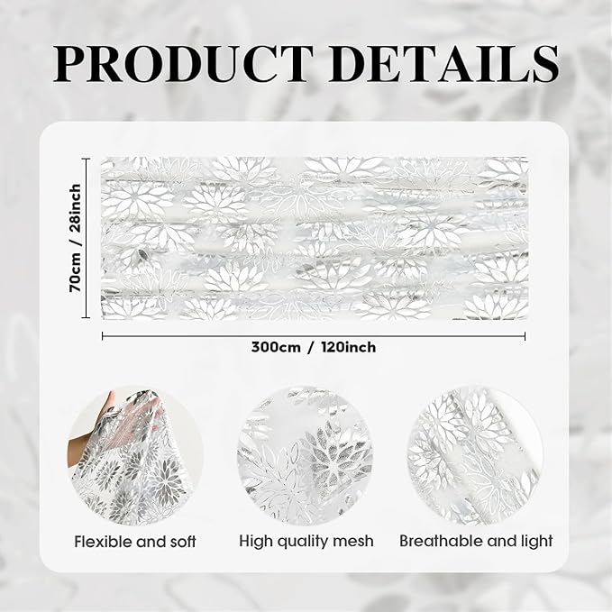 Artoid Mode White Silver Dahlia Flower Gauze Table Runner 120 Inch 10FT, Glitter Metallic Foil Seasonal Sheer Dining Holiday Table Decor for Home Party